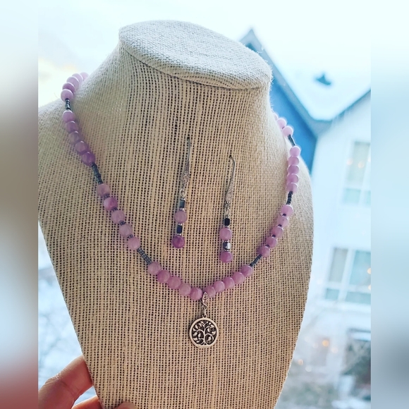 Kunzite, Hematite, Tree of Life charm necklace and earrings set - Picture 2 of 5